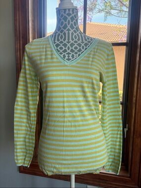 Tommy Bahama Aqua and Yellow Striped V-Neck Sweater